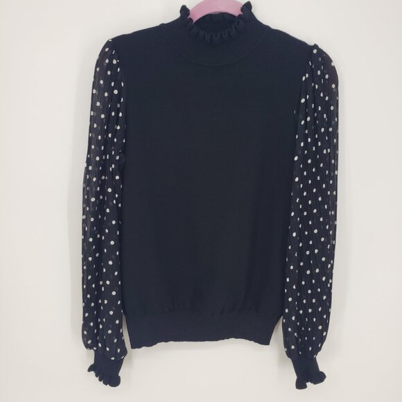 Nanetta Lepore Polka Dot Contrast Sleeve Sweater M Ruffle Mock Neck Trim Black - Picture 1 of 7